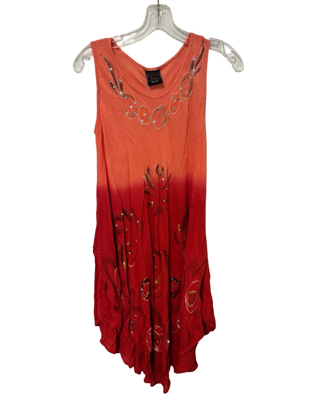 Sleeveless Ombre Red-Orange Beaded Midi Dress